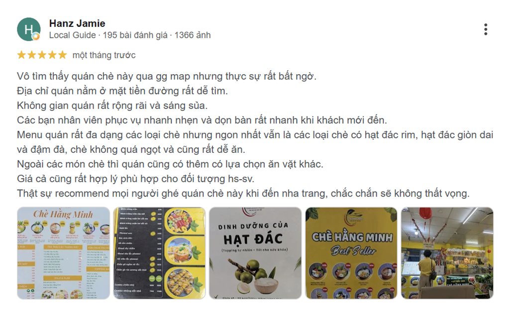 Đánh giá 5 sao của khách Hanz Jamie trên Google: hạt đác giòn dai đậm đà, chè không quá ngọt, giá hợp lý